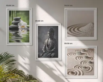 Tavelvägg med Buddha på stranden avkopplande motiv för vägg ovanför soffa
