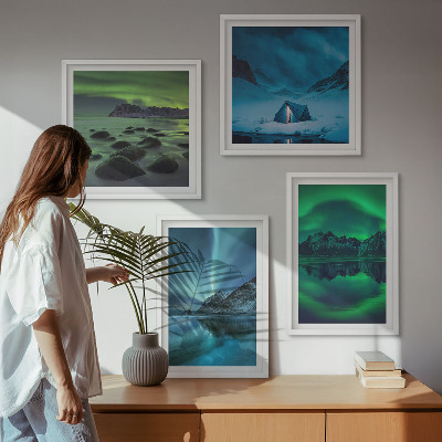 Tavelvägg med 4 tavlor Vinterlandskap med norrsken