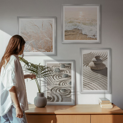 Set om 4 tavlor Vågor sand vatten stenar strand