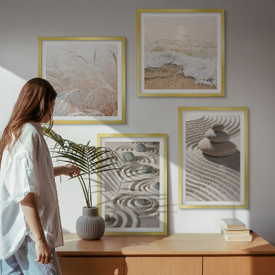 Set om 4 tavlor Vågor sand vatten stenar strand