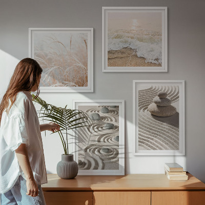 Set om 4 tavlor Vågor sand vatten stenar strand