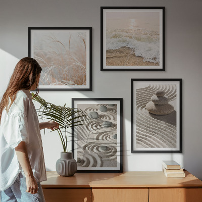 Set om 4 tavlor Vågor sand vatten stenar strand