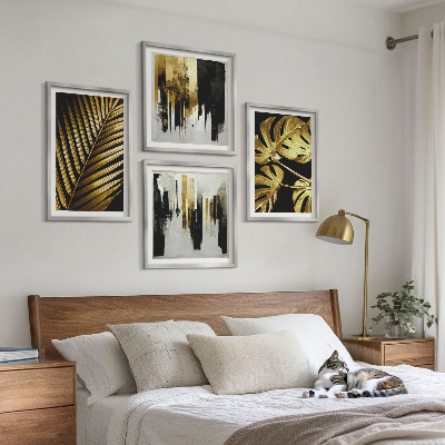 Tavelvägg ovanför soffa Monstera palmblad abstrakt