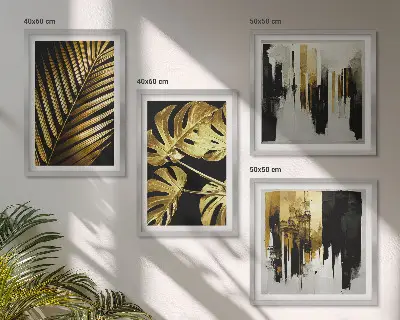 Monstera palmblad abstrakt tavelvägg ovanför soffa