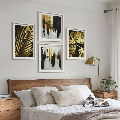 Tavelvägg ovanför soffa Monstera palmblad abstrakt