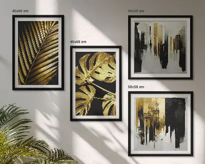 Monstera palmblad abstrakt tavelvägg ovanför soffa