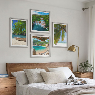 Tavelvägg ovanför soffa Strand, båt, vattenfall, palmer