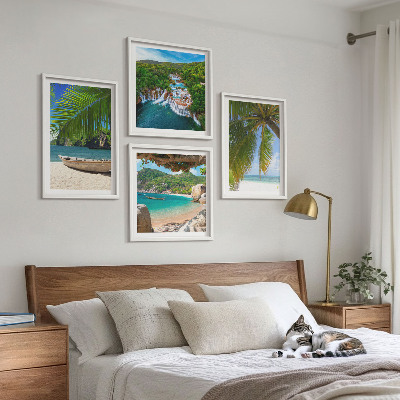 Tavelvägg ovanför soffa Strand, båt, vattenfall, palmer
