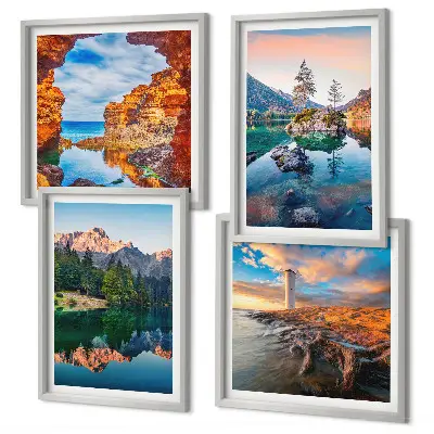 Tavelvägg med bergsjöar reflektion av stenar ovanför soffan