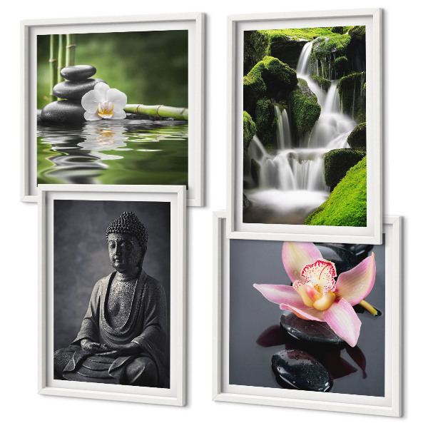 Tavelvägg ovanför soffa ZEN-målningar vattenstenar Buddha