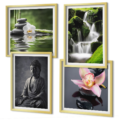 Tavelvägg ovanför soffa ZEN-målningar vattenstenar Buddha