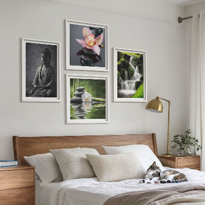 Tavelvägg ovanför soffa ZEN-målningar vattenstenar Buddha