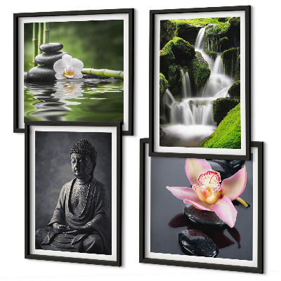 Tavelvägg ovanför soffa ZEN-målningar vattenstenar Buddha
