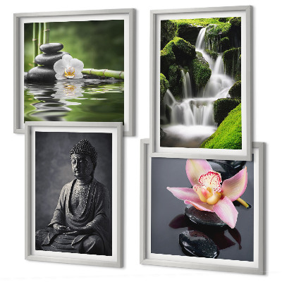 Tavelvägg ovanför soffa ZEN-målningar vattenstenar Buddha