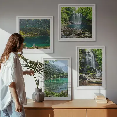 Tavelvägg med 4 tavlor vattenfall i grön miljö