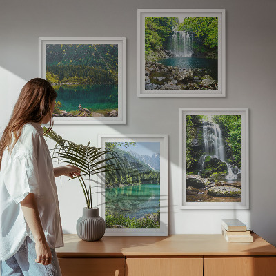 Tavelvägg med 4 tavlor Vattenfall i gröna omgivningar