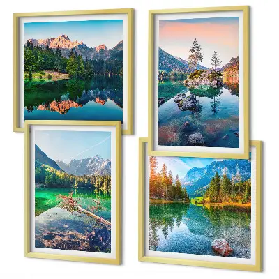 Tavelvägg med 4 tavlor med motiv av bergsjöar och naturlandskap