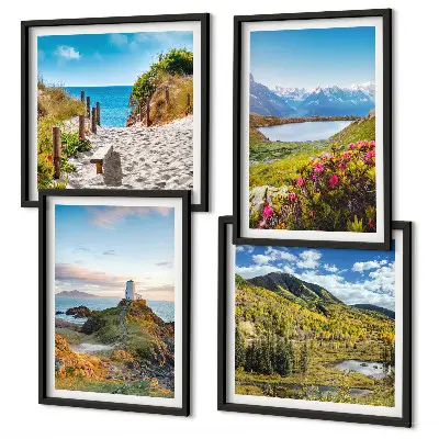 Tavelvägg med 4 motiv strand, fyr, berg, ängar och blommor