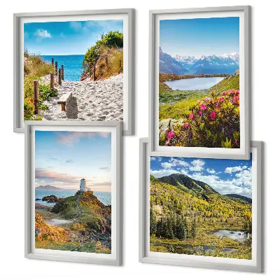Tavelvägg med 4 motiv strand, fyr, berg, ängar och blommor