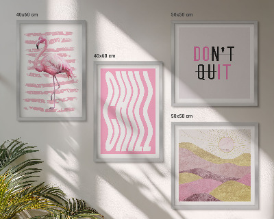 Tavelvägg ovanför soffa Rosa flamingo pastell bergslandskap