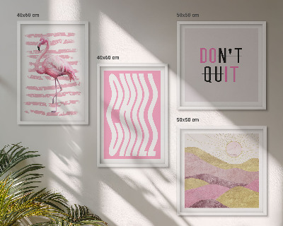 Tavelvägg ovanför soffa Rosa flamingo pastell bergslandskap