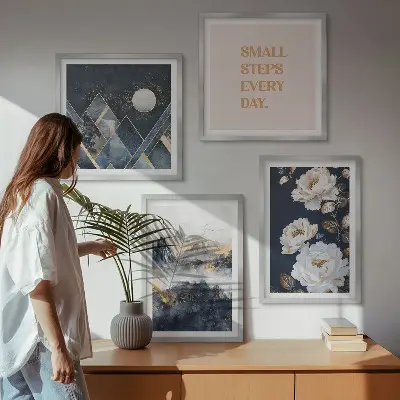 Tavelvägg med 4 tavlor med abstrakta berg och blommor