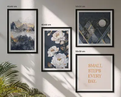 Tavelvägg med 4 tavlor med abstrakta berg och blommor