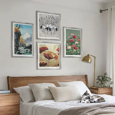 Tavelvägg med 4 motiv berg, vattenfall, fåglar och blommor