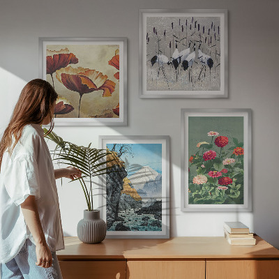 Tavelvägg med 4 tavlor Berg vattenfall fåglar blommor