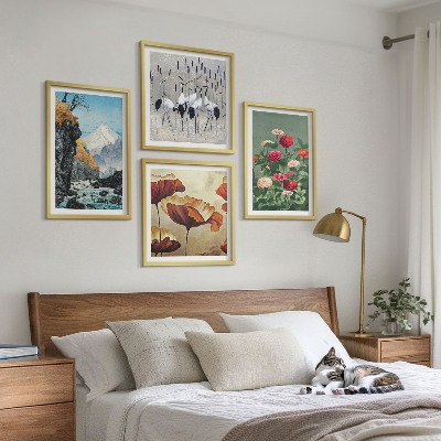 Tavelvägg med 4 tavlor Berg vattenfall fåglar blommor