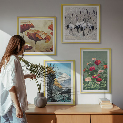 Tavelvägg med 4 tavlor Berg vattenfall fåglar blommor