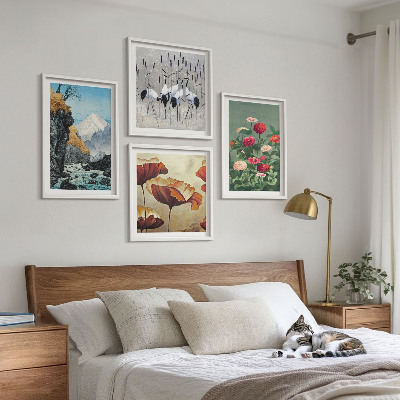 Tavelvägg med 4 tavlor Berg vattenfall fåglar blommor