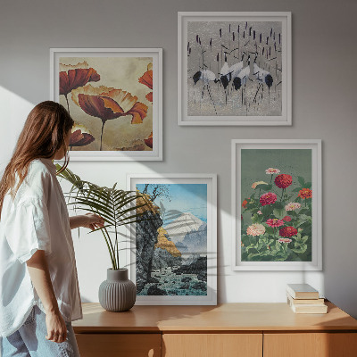 Tavelvägg med 4 tavlor Berg vattenfall fåglar blommor
