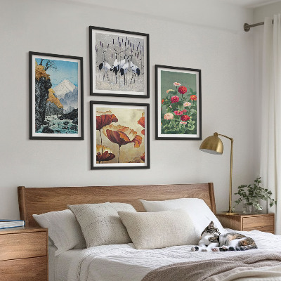 Tavelvägg med 4 tavlor Berg vattenfall fåglar blommor