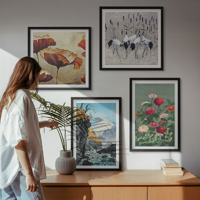 Tavelvägg med 4 tavlor Berg vattenfall fåglar blommor