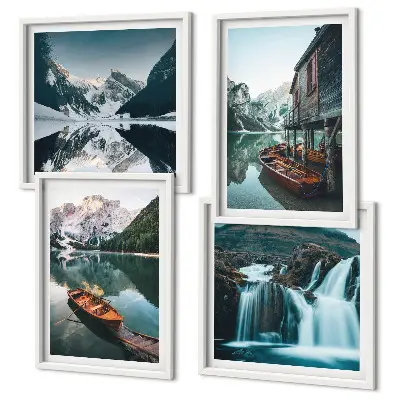 Tavelvägg med 4 tavlor med motiv av bergsjöar och båtar med reflektion