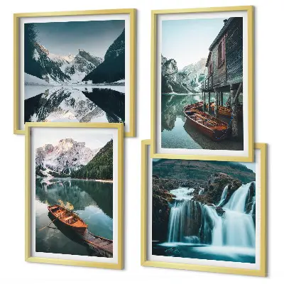 Tavelvägg med 4 tavlor med motiv av bergsjöar och båtar med reflektion