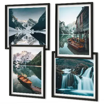 Tavelvägg med 4 tavlor med motiv av bergsjöar och båtar med reflektion