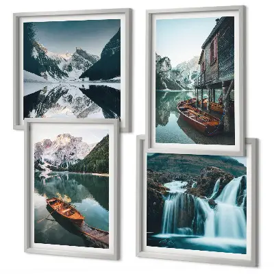 Tavelvägg med 4 tavlor med motiv av bergsjöar och båtar med reflektion