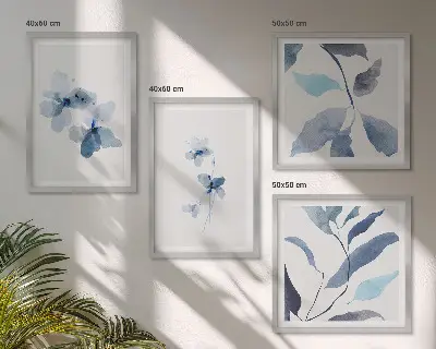 Tavelvägg med motiv av blå blommor minimalistisk stil för placering ovanför soffa