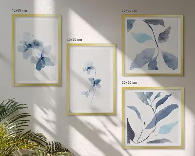 Tavelvägg med motiv av blå blommor minimalistisk stil för placering ovanför soffa