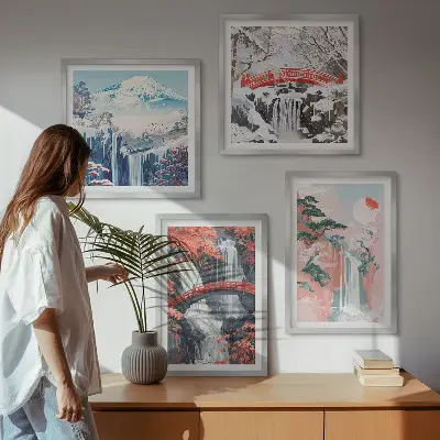 Tavelvägg med 4 tavlor med motiv av vattenfall broar träd och årstider