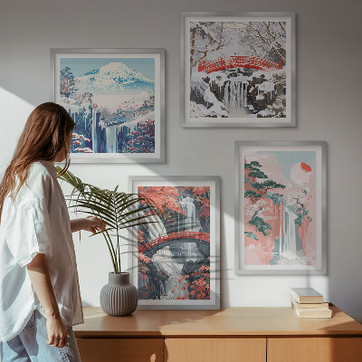 Tavelvägg med 4 tavlor Vattenfall, broar, träd, årstider