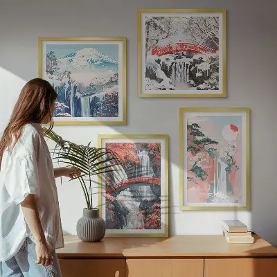 Tavelvägg med 4 tavlor med motiv av vattenfall broar träd och årstider