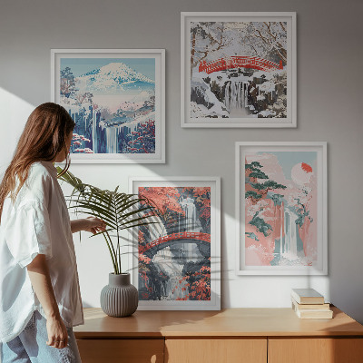 Tavelvägg med 4 tavlor Vattenfall, broar, träd, årstider