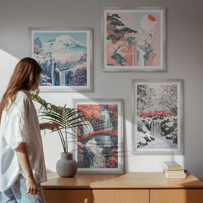 Tavelvägg ovanför soffa Bergslandskap och vattenfall