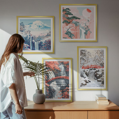 Tavelvägg ovanför soffa Bergslandskap och vattenfall