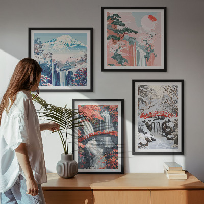 Tavelvägg ovanför soffa Bergslandskap och vattenfall