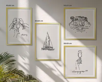 Tavelset med motiv av hus vid vattnet och segelbåt set om 4 tavlor