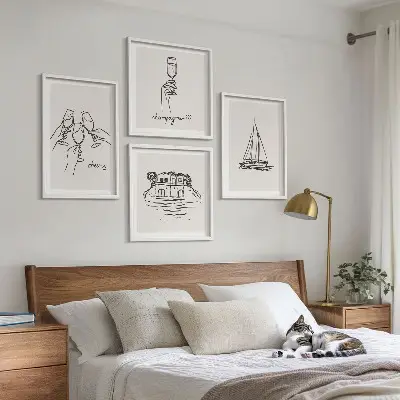 Tavelset med motiv av hus vid vattnet och segelbåt set om 4 tavlor